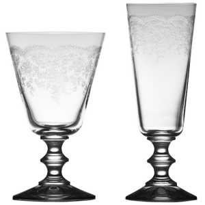 France Floral Etched Crystal Wine Glasses - Set of 4