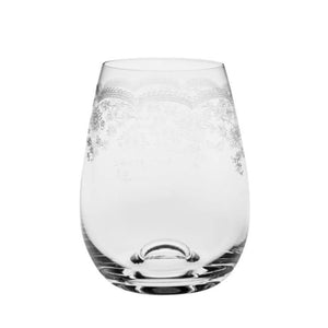 France Floral Etched Crystal Stemless Wine Glass / Tumblers - Set of 4